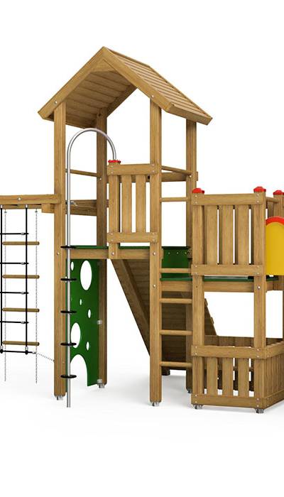 Spielturm-Kombination Eco, Podesthöhen 120/150 cm, Satteldach, Bogenrutsche