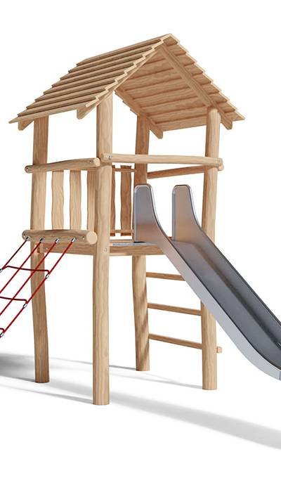 Spielturm-Kombination Robinie, Podesthöhe 150 cm, Satteldach, Rutsche Edelstahl