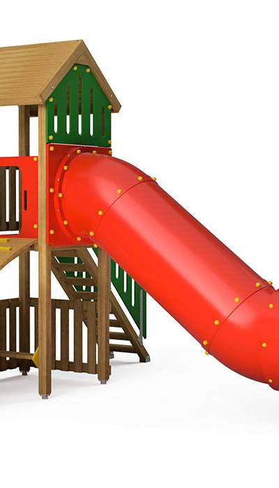 Spielturm-Kombination Eco, Podesthöhe 150 cm, Satteldach, Röhrenrutsche Polyäthylen