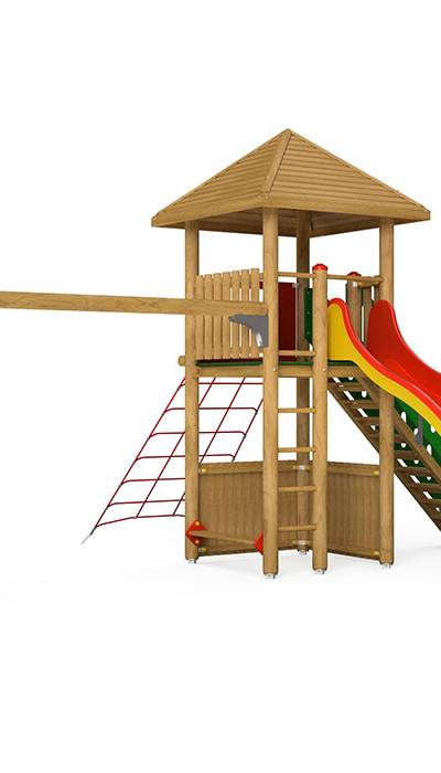Spielturm-Kombination Rundholz, Podesthöhe 180 cm, Pyramidendach, Wellenrutsche