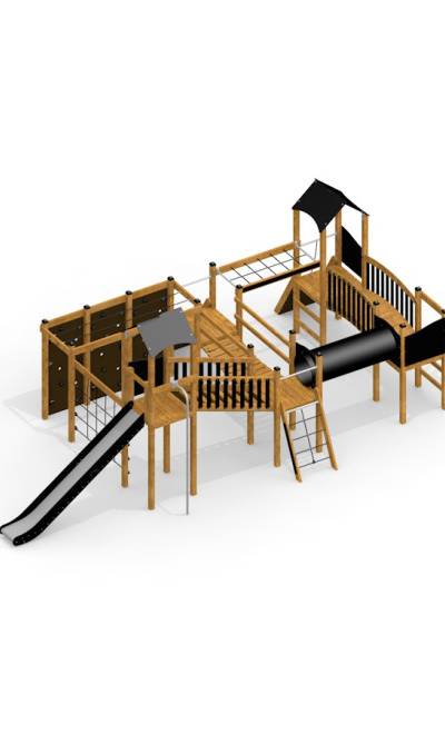 Spieltürme mit Tunnel, Kletterwand und Rutsche