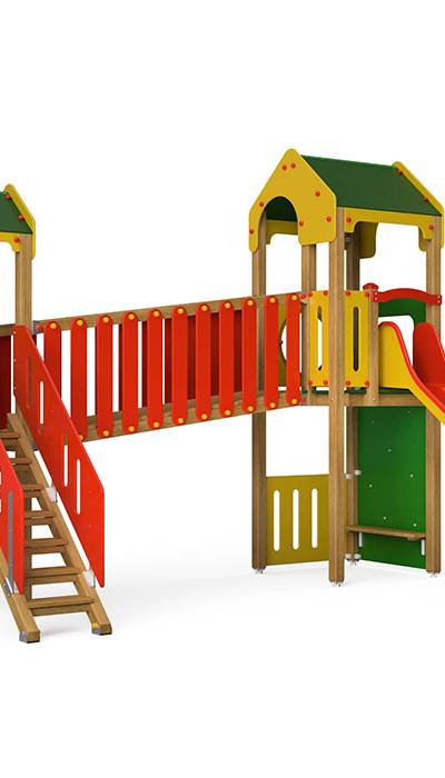 Spielturm-Kombination Crea-Play, Podesthöhen 120/150 cm, Satteldach, Rutsche, mit Verbindungsbrücke