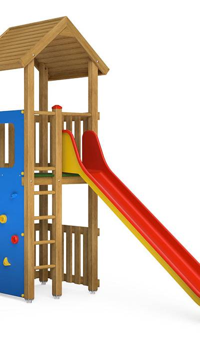 Spielturm-Kombination Eco, Podesthöhe 150 cm, Satteldach, Rutsche, mit Bergsteigerwand und Sprossenaufstieg