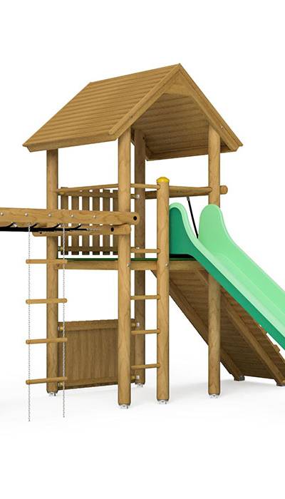 Spielturm-Kombination Rundholz, Podesthöhe 150 cm, Satteldach, Rutsche, mit Kombi-Turner und Bergsteigerwand