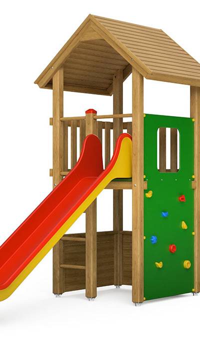 Spielturm-Kombination Kantholz, Podesthöhe 150 cm, Satteldach, Rutsche, mit Bergsteigerwand