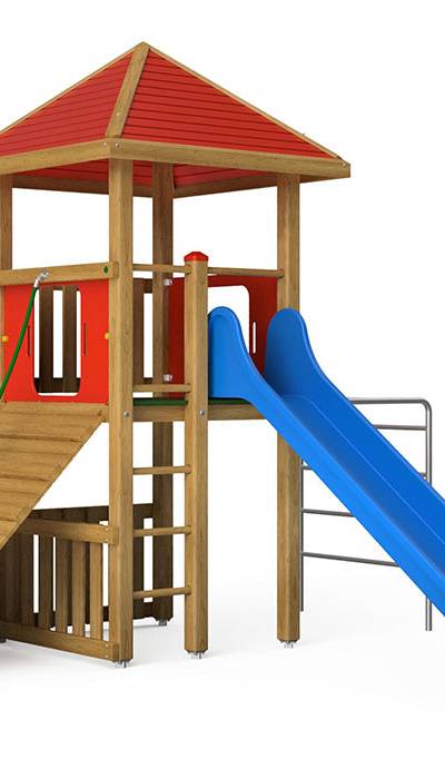 Spielturm-Kombination Kantholz, Podesthöhe 150 cm, Pyramidendach, Rutsche, mit Metall-Hangelleiter und Schrägaufstieg