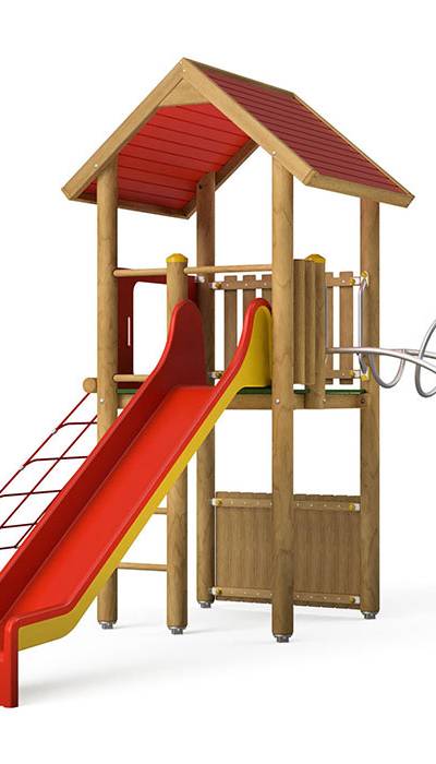 Spielturm-Kombination Rundholz, Podesthöhe 150 cm, Satteldach, Rutsche, mit Kletternetz und Rippenaufstieg