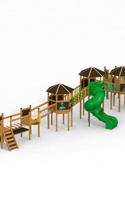 Dschungeldorf Spieltürme mit Spiralrutsche