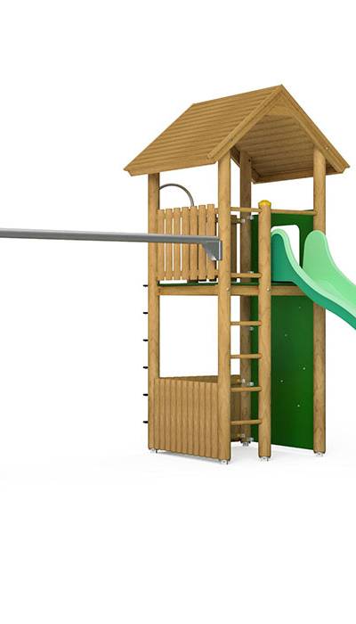Spielturm-Kombination Rundholz, Podesthöhe 180 cm, Satteldach, Wellenrutsche, mit Schaukel