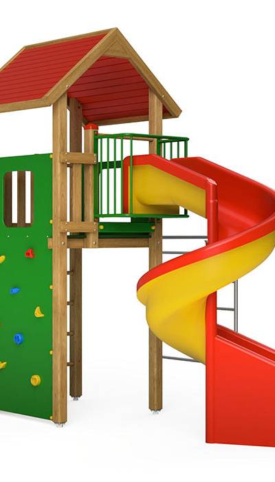 Spielturm-Kombination Kantholz, Podesthöhe 180 cm, Satteldach, Spiralrutsche