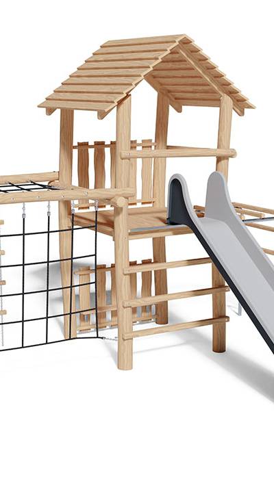 Spielturm-Kombination Robinie, Podesthöhe 150 cm, Satteldach, Rutsche, mit Kombi-Turner