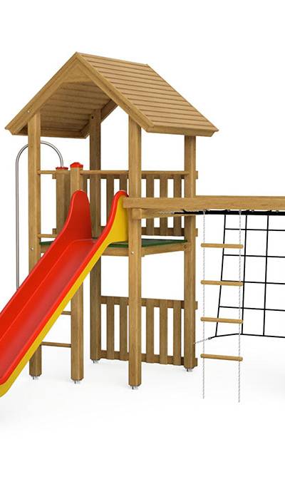 Spielturm-Kombination Kantholz, Podesthöhe 150 cm, Satteldach, Rutsche, mit Kombi-Turner