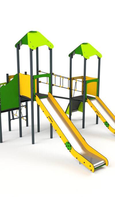 11030 Doppelturm mit Rutschen, Kletternetze, Kletterwand, Brücke und Spielwand