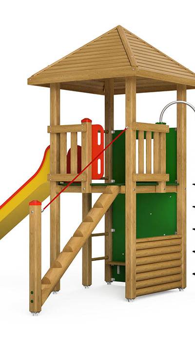 Spielturm-Kombination Kantholz, Podesthöhe 150 cm, Pyramidendach, Rutsche, mit Bergsteigerwand und Kletterstange