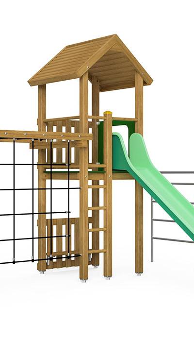 Spielturm-Kombination Eco, Podesthöhe 150 cm, Satteldach, Rutsche, mit Kombi-Turner und Bergsteigerwand