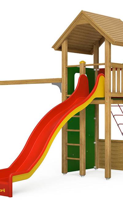 Spielturm-Kombination Kantholz, Podesthöhe 180 cm, Satteldach, Wellenrutsche, mit Schaukel und Feuerwehrstange