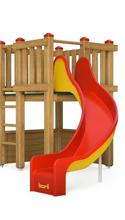 Spielturm-Kombination Kantholz, Podesthöhe 120 cm, Bogenrutsche