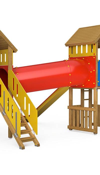 Spielturm-Kombination Eco, Podesthöhen 120/150 cm, Satteldächer, Rutsche, mit Kriechröhre und Bergsteigerwand