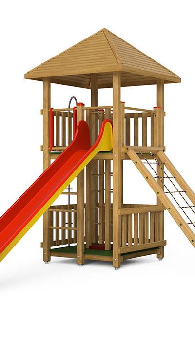 Spielturm-Kombination Kantholz, Podesthöhen 25/200 cm, Pyramidendach, Rutsche