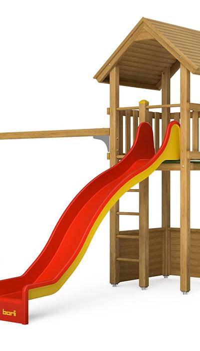 Spielturm-Kombination Kantholz, Podesthöhe 180 cm, Satteldach, Wellenrutsche, mit Schaukel und Kletterstange