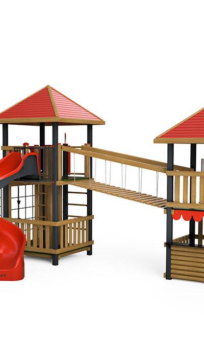 Spielturm-Kombination Holz/Aluminium, Podesthöhen 150/200/180 cm, Pyramidendächer, Spiralrutsche
