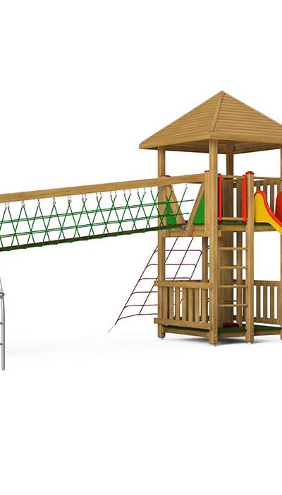 Spielturm-Kombination Kantholz, Podesthöhen 25/150/200 cm, Pyramidendach, Rutsche