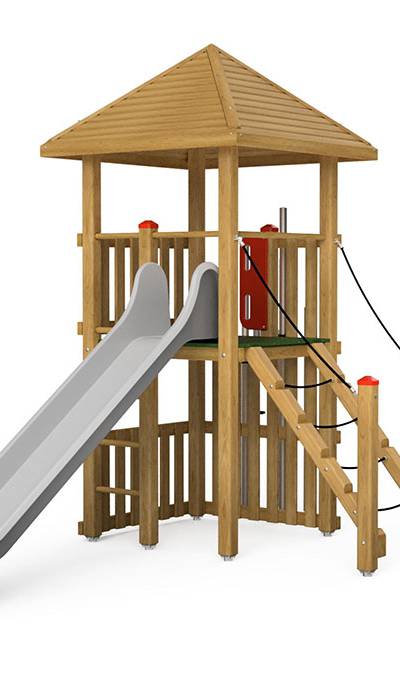 Spielturm-Kombination Kantholz, Podesthöhe 150 cm, Pyramidendach, Rutsche, mit Stangenwald und Kletteraufstieg