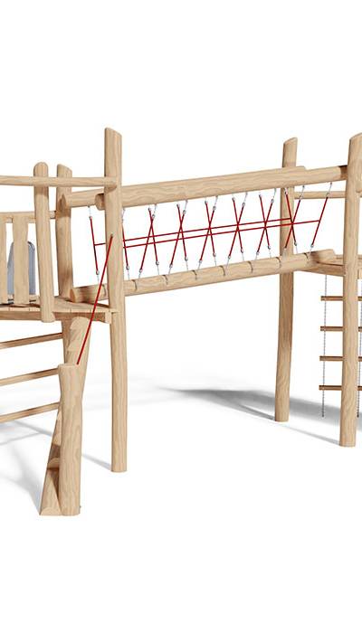 Spielturm-Kombination Robinie, Podesthöhen 150/180 cm, Rutsche Edelstahl, mit Netzbrücke