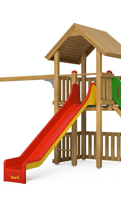 Spielturm-Kombination Kantholz, Podesthöhe 150 cm, Satteldach, Rutsche, mit Schaukel