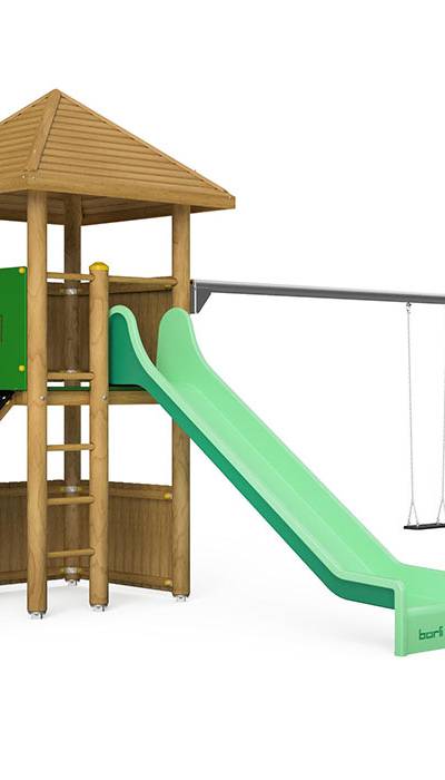 Spielturm-Kombination Rundholz, Podesthöhe 150 cm, Pyramidendach, Rutsche, mit Schaukel 2 Sitze