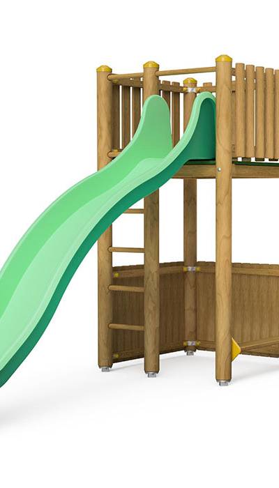 Spielturm-Kombination Rundholz, Podesthöhe 180 cm, Wellenrutsche