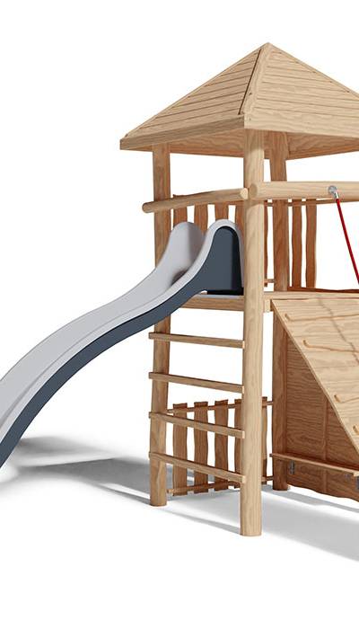 Spielturm-Kombination Robinie, Podesthöhe 180 cm, Pyramidendach, Rutsche