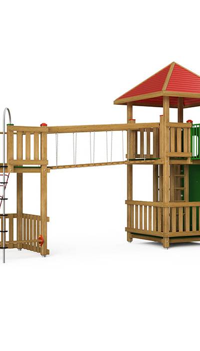 Spielturm-Kombination Kantholz, Podesthöhen 25/180/200 cm, Pyramidendach, Spiralrutsche