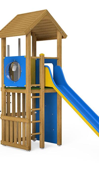 Spielturm-Kombination Eco, Podesthöhe 150 cm, Satteldach, Rutsche, mit Stangenwald und Bergsteigerwand