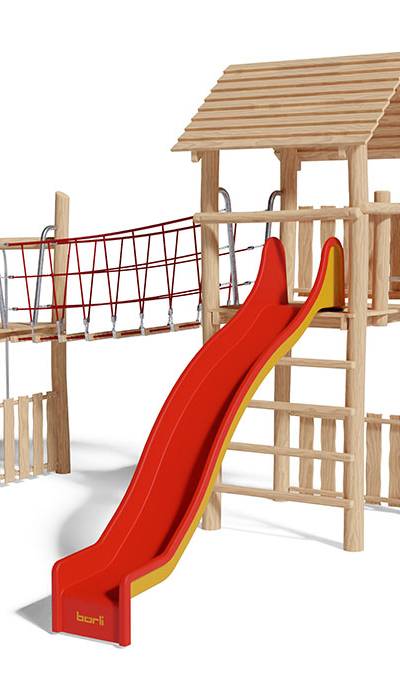 Spielturm-Kombination Robinie, Podesthöhen 150/180 cm, Satteldach, Rutsche