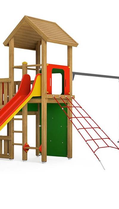 Spielturm-Kombination Eco, Podesthöhen 120/150 cm, Satteldach, Rutsche, mit Schaukel 2 Sitze