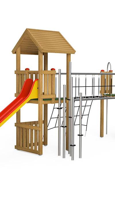 Spielturm-Kombination Eco, Podesthöhen 150 cm, Satteldach, Rutsche