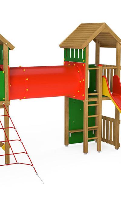Spielturm-Kombination Eco, Podesthöhen 150 cm, Satteldächer, Rutsche, mit Kriechröhre