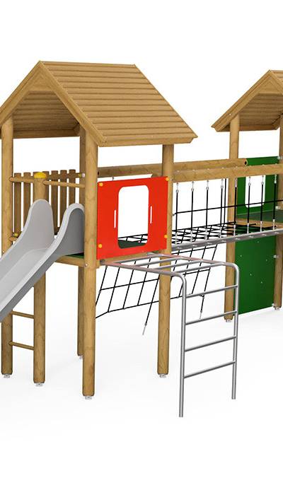 Spielturm-Kombination Rundholz, Podesthöhen 150 cm, Satteldach, Rutsche, mit Netzbrücke