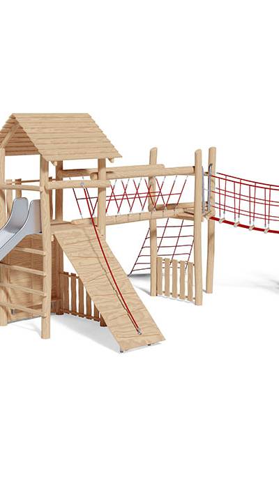 Spielturm-Kombination Robinie, Podesthöhen 150/180 cm, Satteldach, Rutsche Edelstahl