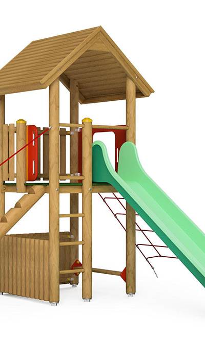 Spielturm-Kombination Rundholz, Podesthöhe 150 cm, Satteldach, Rutsche, mit Kletternetz und Baumstammaufstieg
