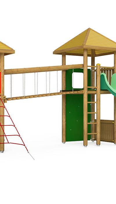 Spielturm-Kombination Rundholz, Podesthöhen 150/180 cm, Pyramidendach, Wellenrutsche