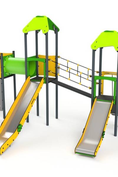 11062 Doppelturm mit Brücke, Feuerwehrstange, Kletterwände, Netz, Tunnel und Rutsche