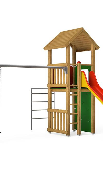 Spielturm-Kombination Eco, Podesthöhe 150 cm, Satteldach, Rutsche, mit Schaukel und Bergsteigerwand