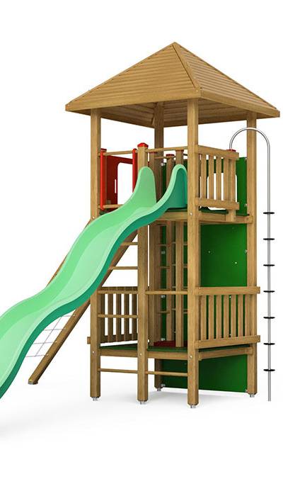 Spielturm-Kombination Kantholz, Podesthöhen 70/245 cm, Pyramidendach, Wellenrutsche