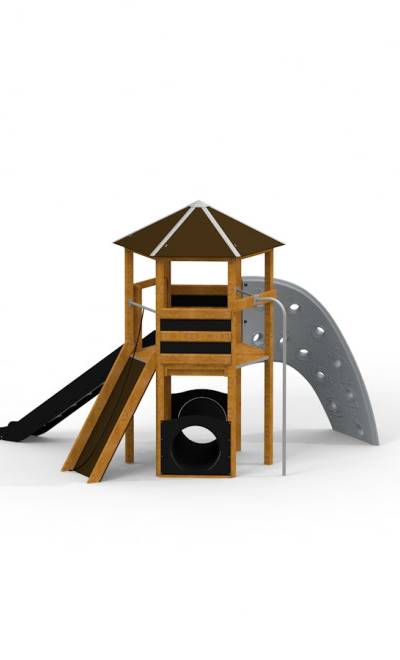 Spielturm mit Kletterwand und Rutsche