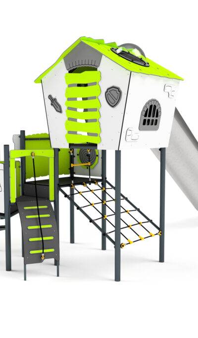 11087 Spielhaus mit Rutsche, Netzen, Kletterwand, Feuerwehrstange und Spielwand