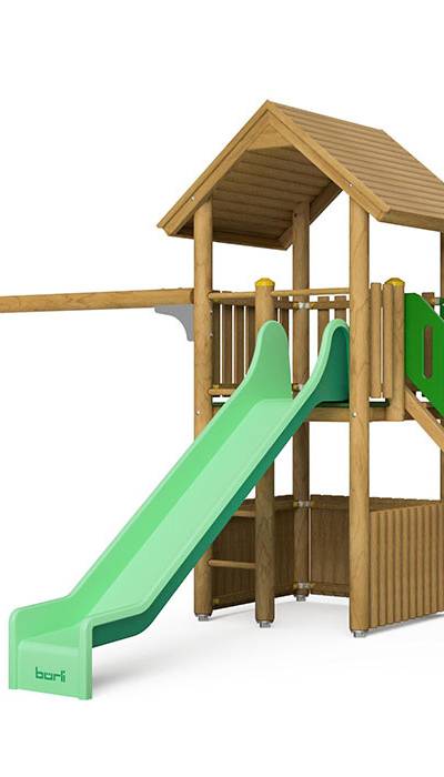 Spielturm-Kombination Rundholz, Podesthöhe 150 cm, Satteldach, Rutsche, mit Schaukel und Aufstiegstreppe