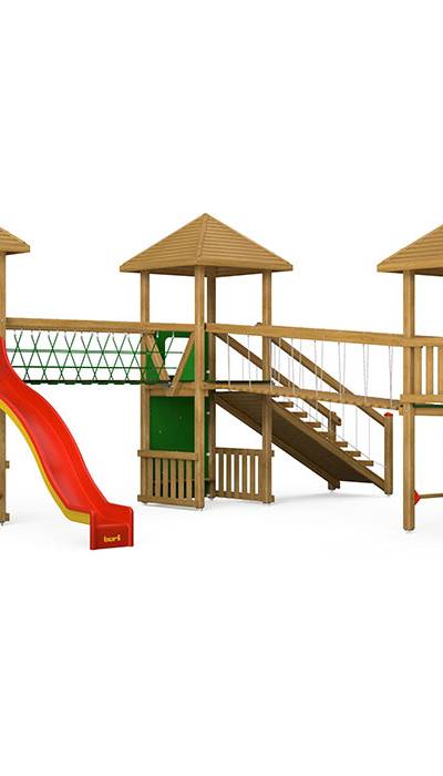 Spielturm-Kombination Kantholz, Podesthöhen 150/180 cm, Pyramidendächer, 2 Rutschen