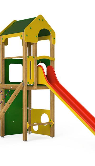 Spielturm-Kombination Crea-Play, Podesthöhe 150 cm, Satteldach, Rutsche